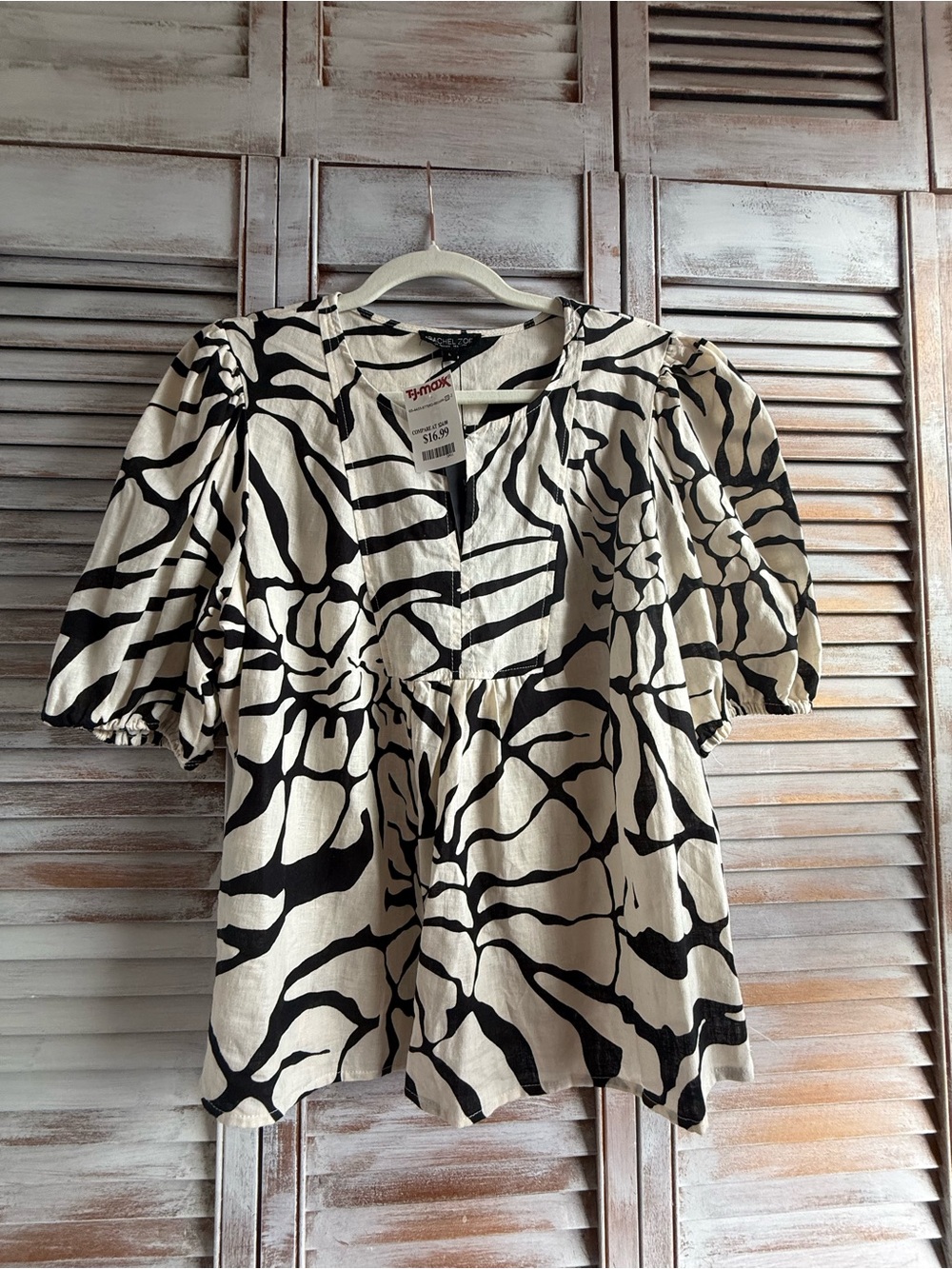 T.J.Maxx Black and Cream Abstract Puff-Sleeve Tunic